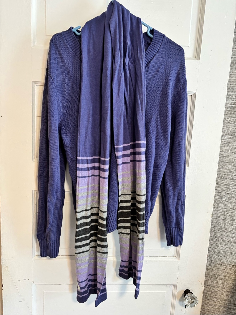 Karen Scott Purple V-Neck Sweater with Striped Scarf
